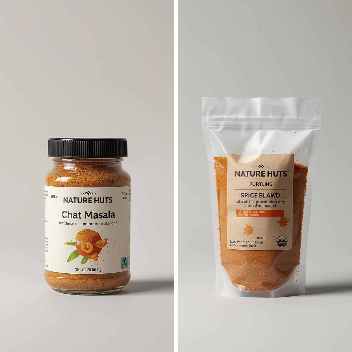 Chat masala spice mix in traditional Indian packaging, golden-yellow color scheme, aromatic spices visible, S.D. Food Products label