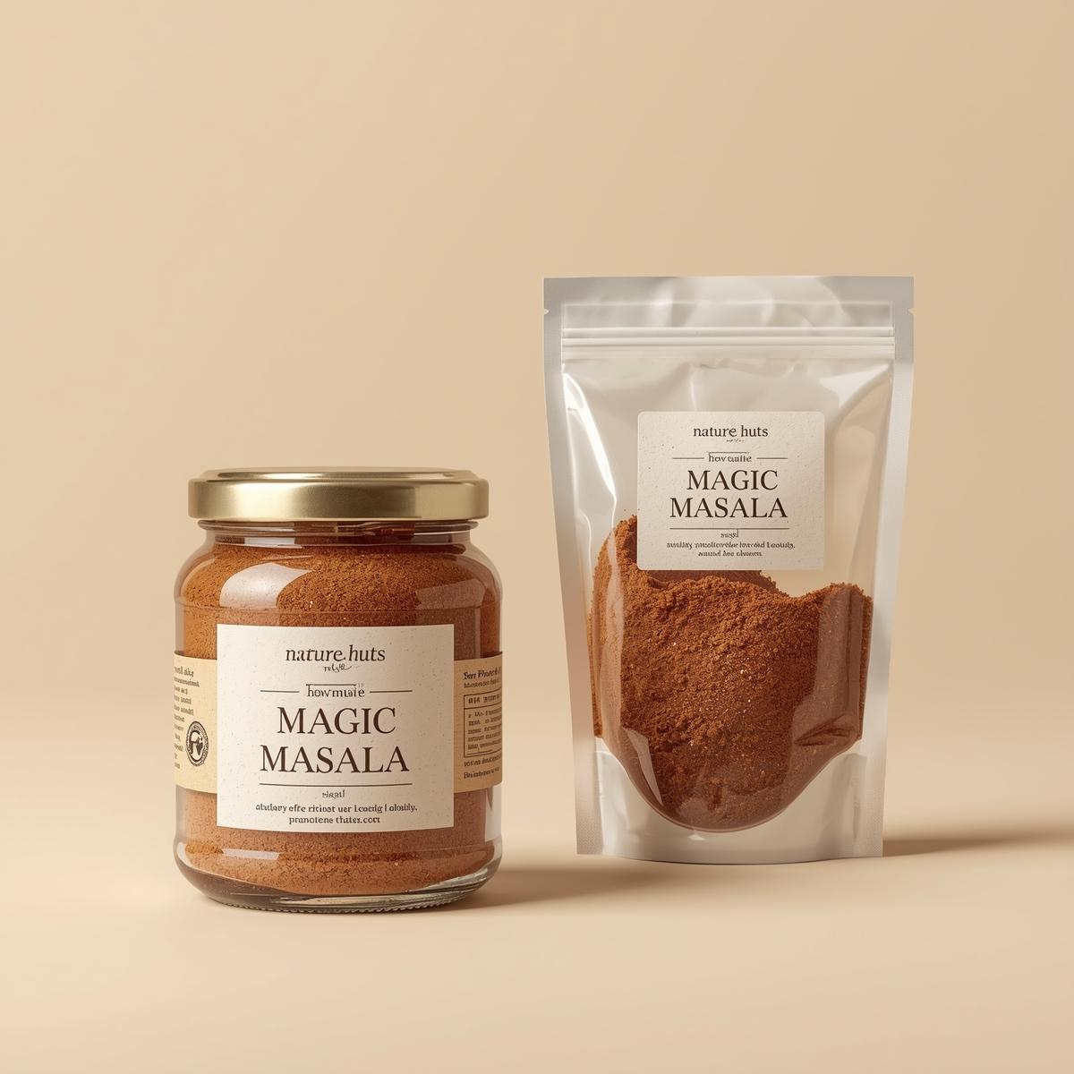 Golden-brown magic masala spice blend in a decorative pouch, aromatic spices visible through packaging, warm lighting, S.D. Food Products branding