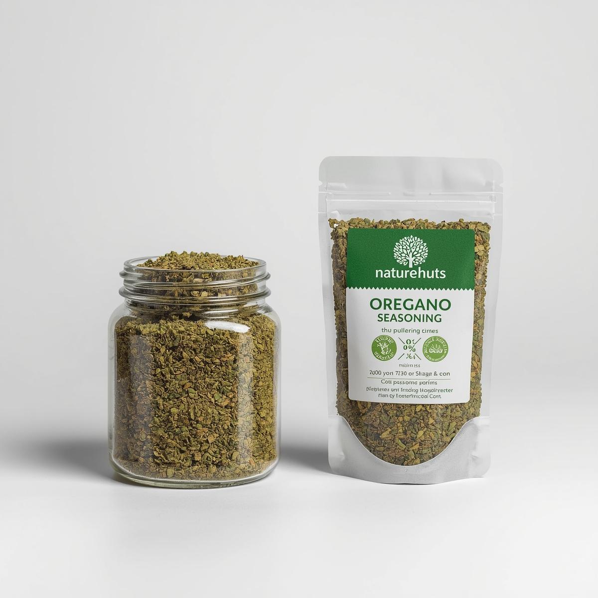 Professional e-commerce photo of a transparent glass jar filled with dried oregano herbs, green leaves visible through clear packaging, white background with soft shadows, modern S.D. Food Products label