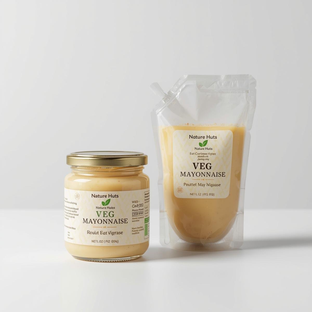 Creamy white vegetarian mayonnaise in a sleek glass jar, smooth texture visible, modern minimalist packaging with S.D. Food Products branding
