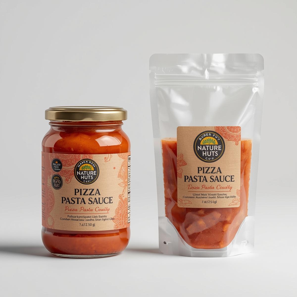 Italian-style pizza pasta sauce in glass jar, rich red tomato base with herbs visible, professional food styling for S.D. Food Products