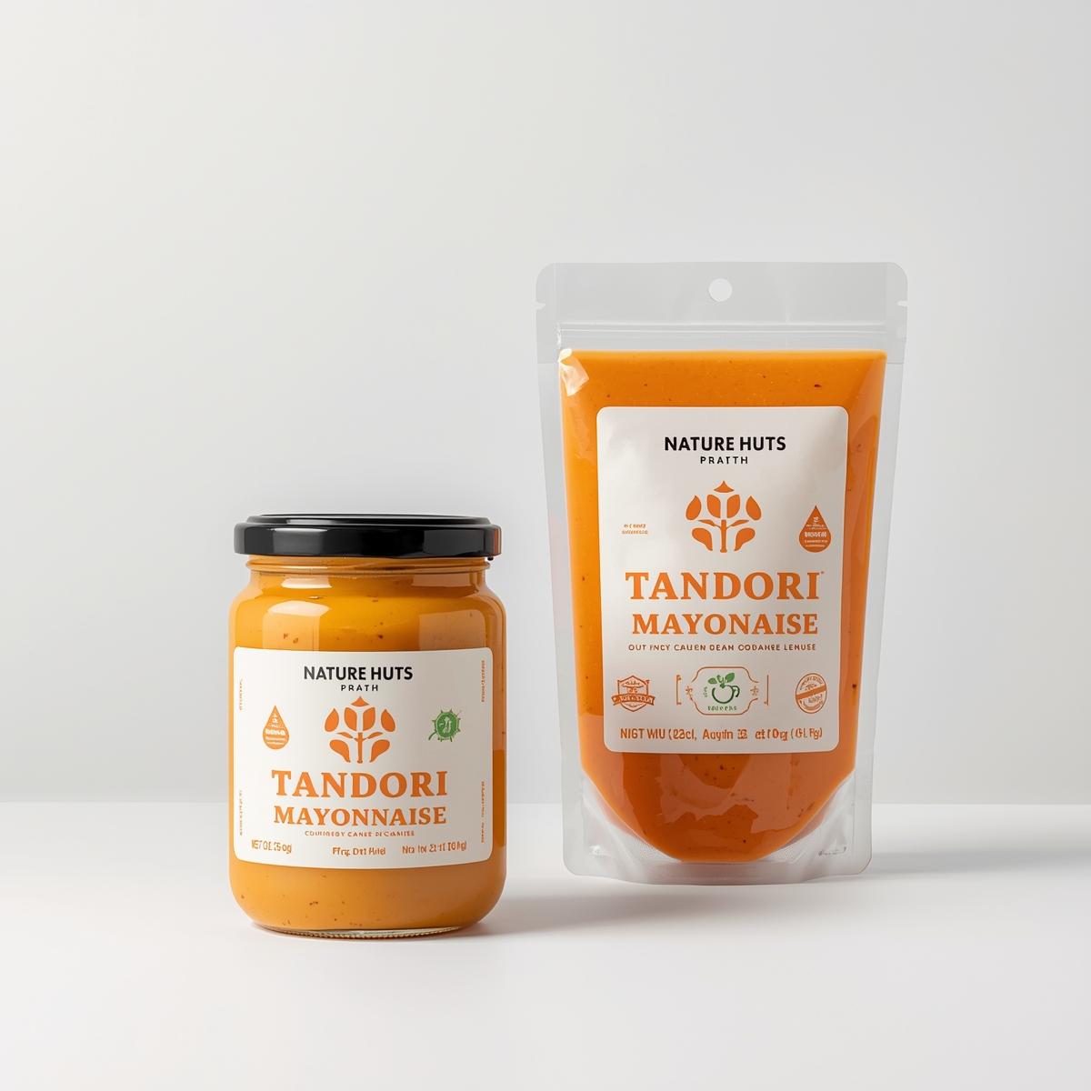 Rich red tandoori mayonnaise in authentic Indian packaging, vibrant color, traditional design elements, S.D. Food Products quality assurance